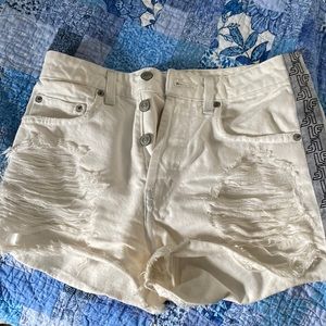 white jean shorts with accent on side